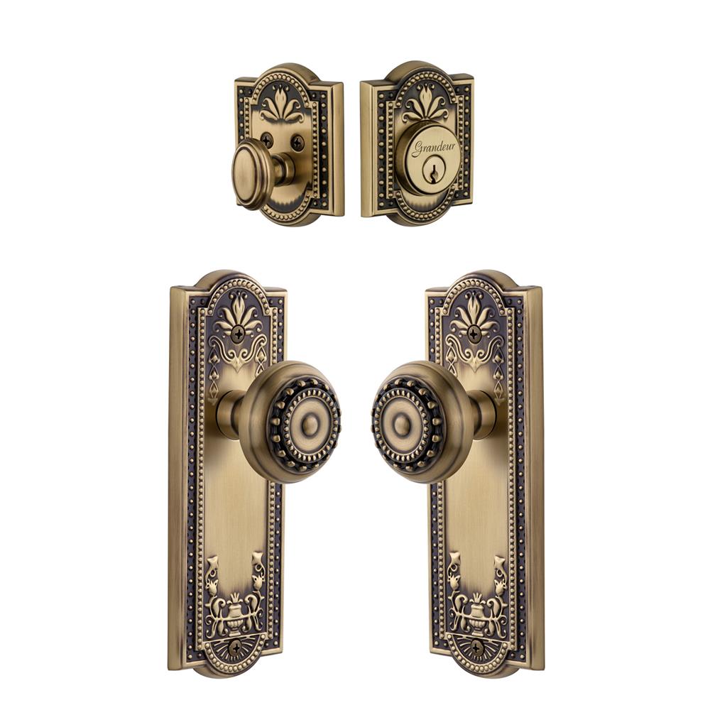 Grandeur by Nostalgic Warehouse Single Cylinder Combo Pack Keyed Differently - Parthenon Plate with Parthenon Knob and Matching Deadbolt in Vintage Brass